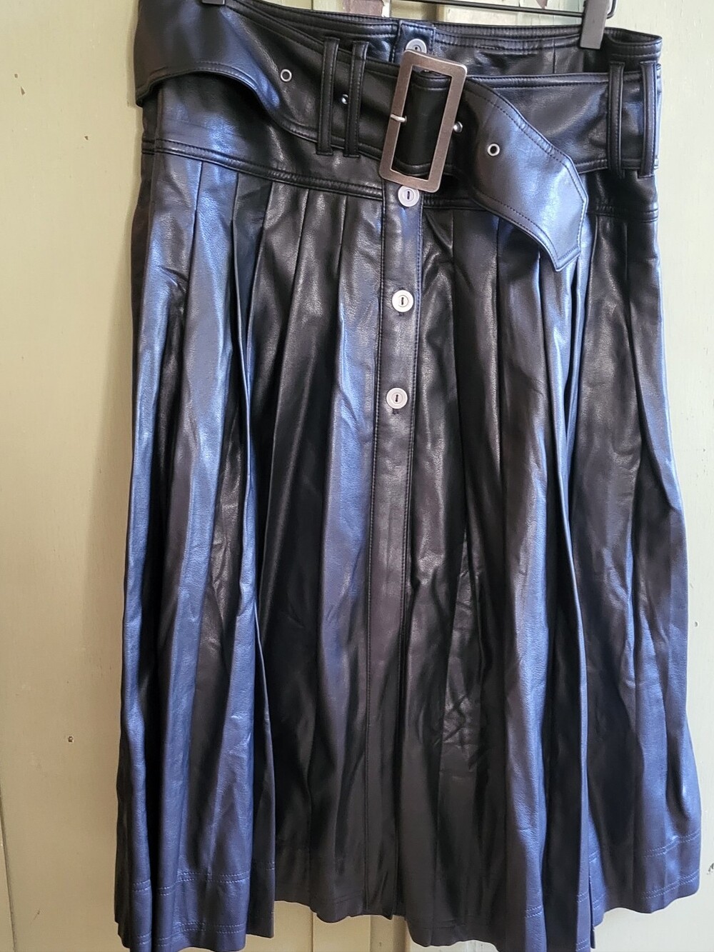 Pilcro Anthropologie Black Faux Leather Pleated Midi Belted Button Front 10